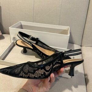 Elegant Black Lace Slingback Kitten Heels 8.5